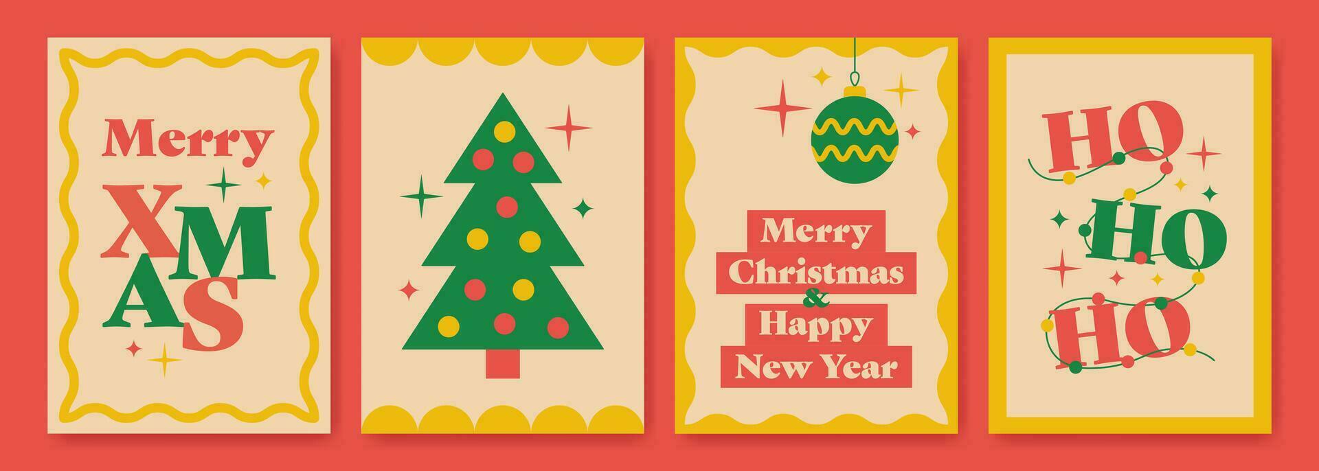 fröhlich Weihnachten und glücklich Neu Jahr Plakate im retro groovig 1970er Jahre Stil. Weihnachten Urlaub Abdeckungen. Vektor Illustration