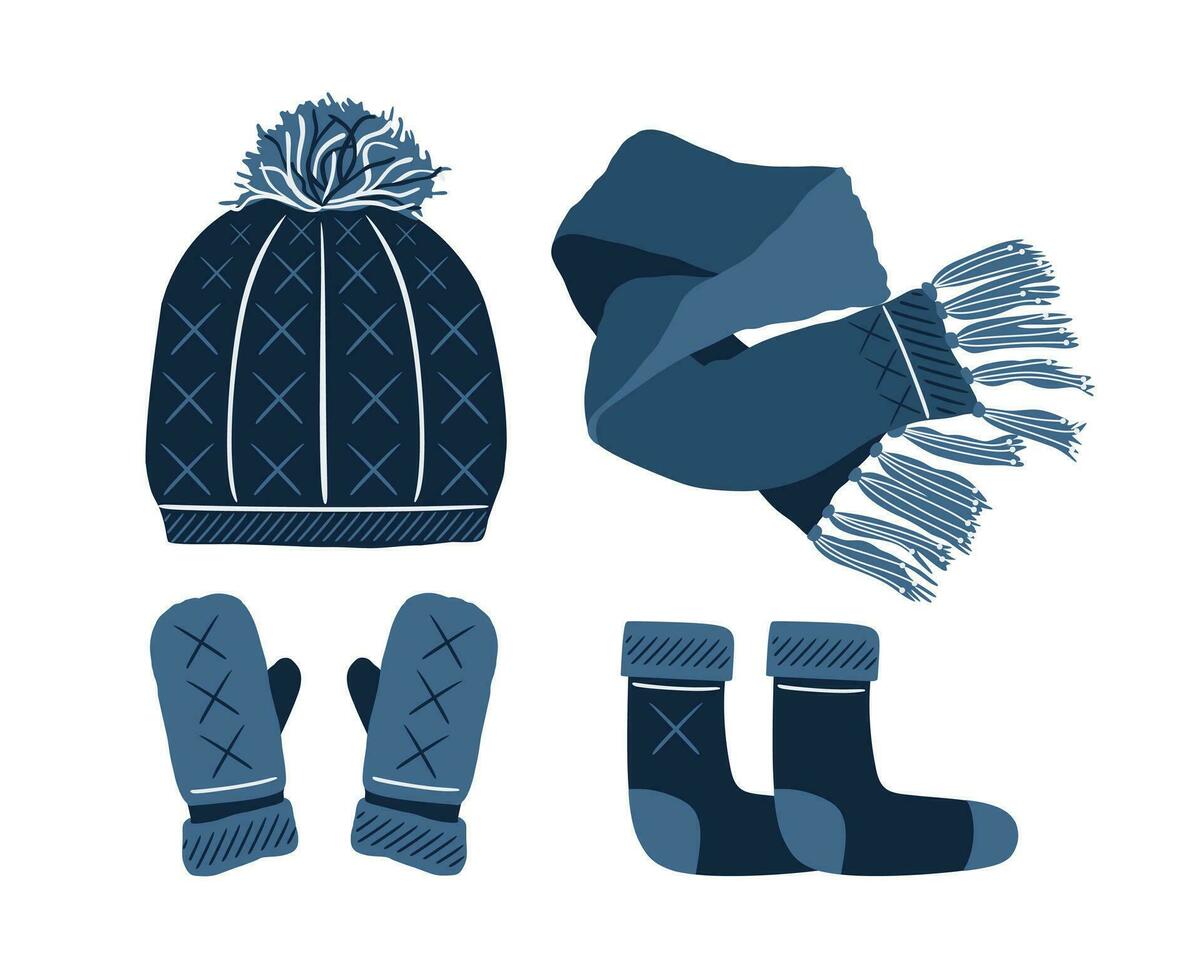 uppsättning av vinter- Tillbehör stickat hatt scarf vantar strumpor blå. stock vektor platt illustration isolerat på vit
