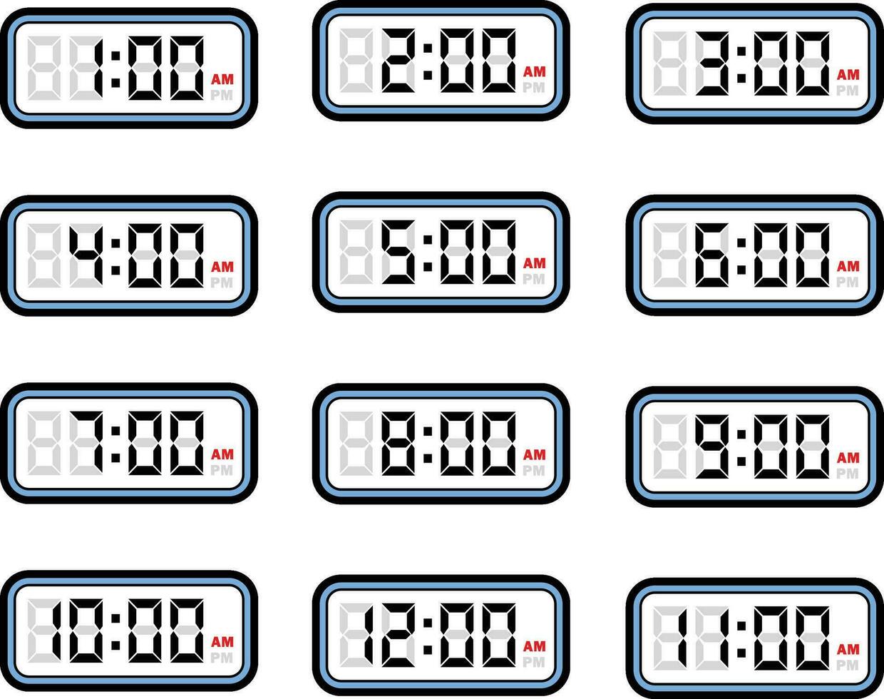 Digital Uhr Zeit eben Vektor einstellen mit 12 Std Format, Digital Nummer Illustration