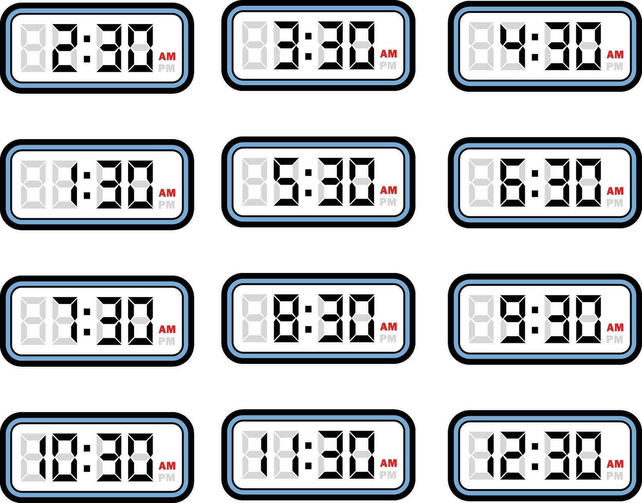 Digital Uhr Zeit eben Vektor einstellen mit 12 Std Format, Digital Nummer Illustration