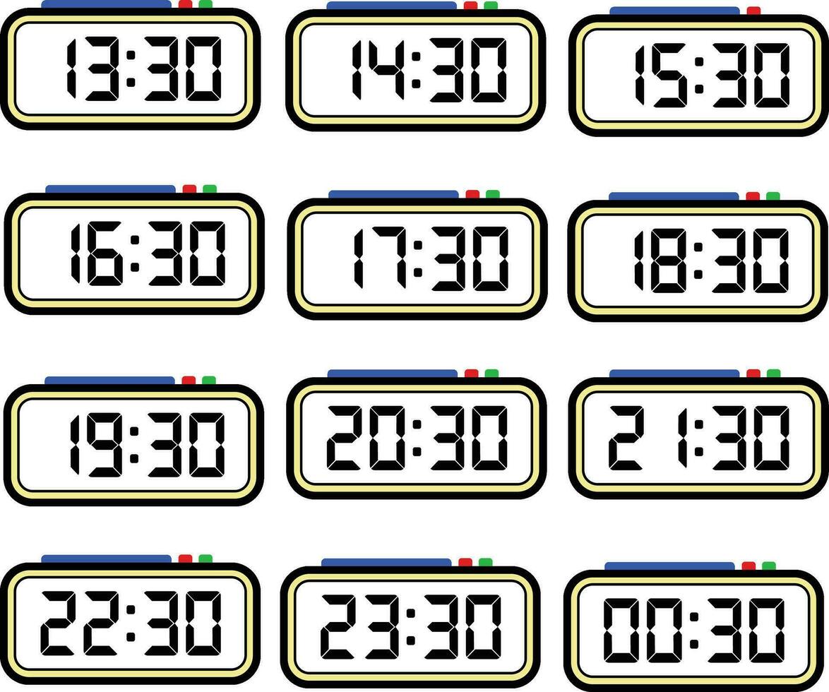 digital klocka tid platt vektor uppsättning med 24 timmar, digital siffra illustration