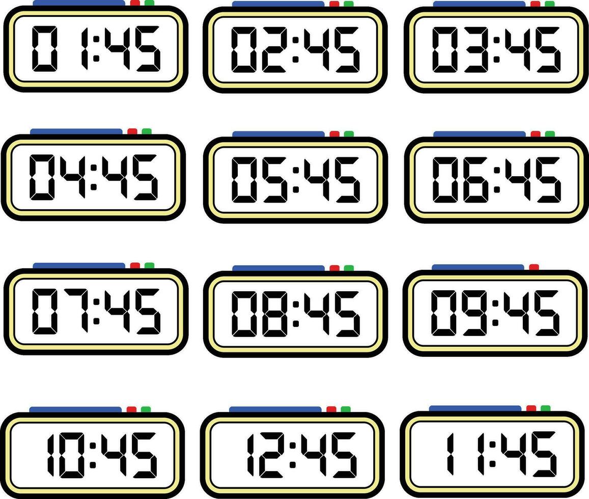 digital klocka tid platt vektor uppsättning med 24 timmar, digital siffra illustration