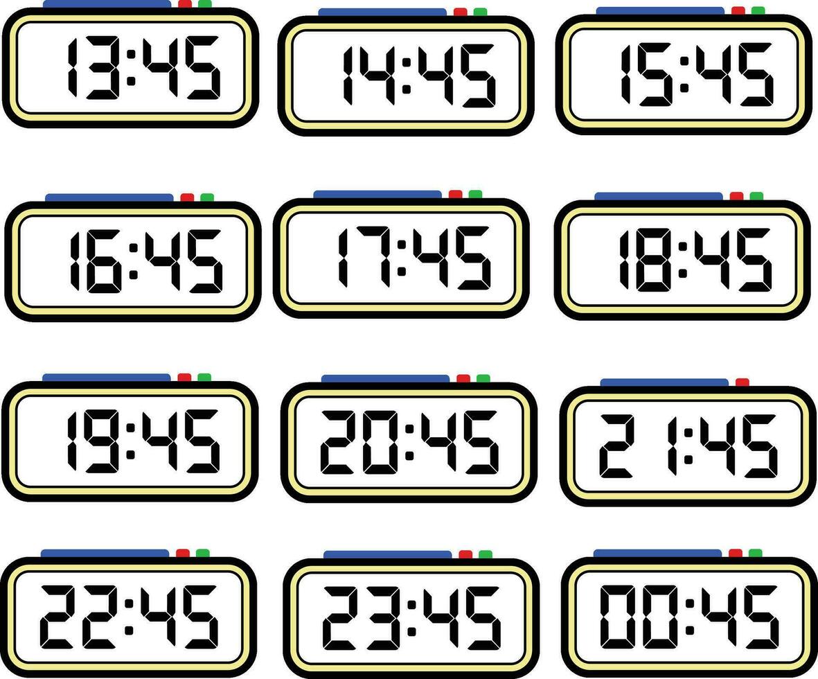 digital klocka tid platt vektor uppsättning med 24 timmar, digital siffra illustration