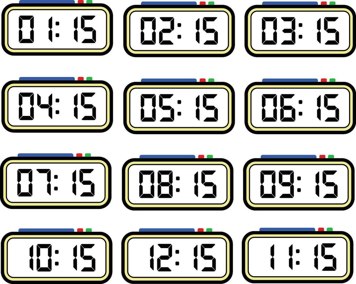 digital klocka tid platt vektor uppsättning med 24 timmar, digital siffra illustration