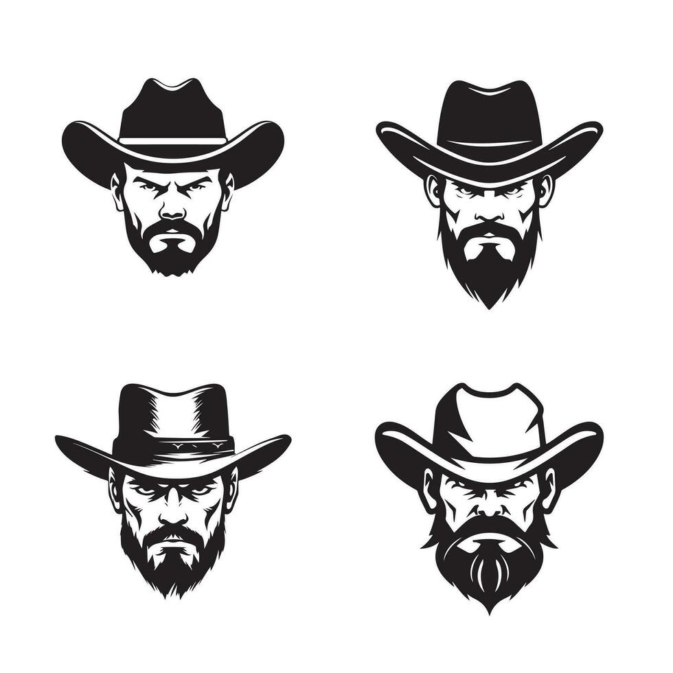 Cowboy Kopf Embleme einstellen Silhouette Hand gezeichnet. Symbole und Zeichen, Vektor Illustration