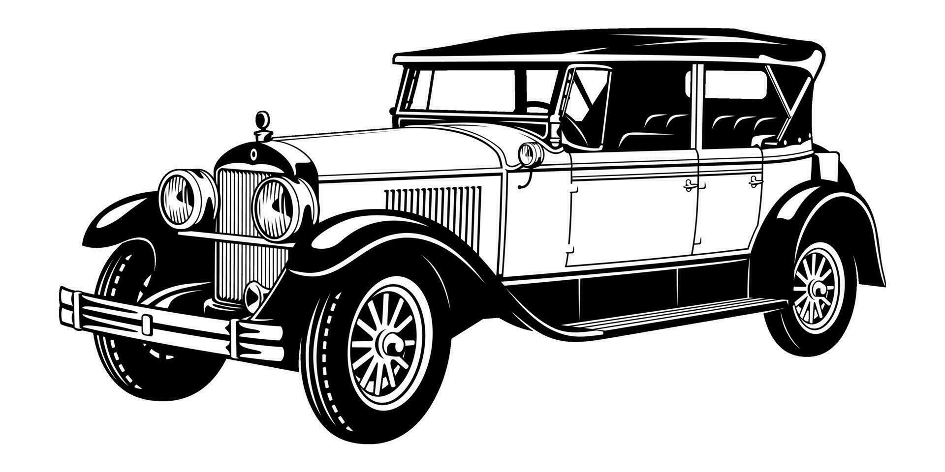 klassisk årgång retro bil cabriolet. svart och vit vektor ClipArt isolerat på vit.