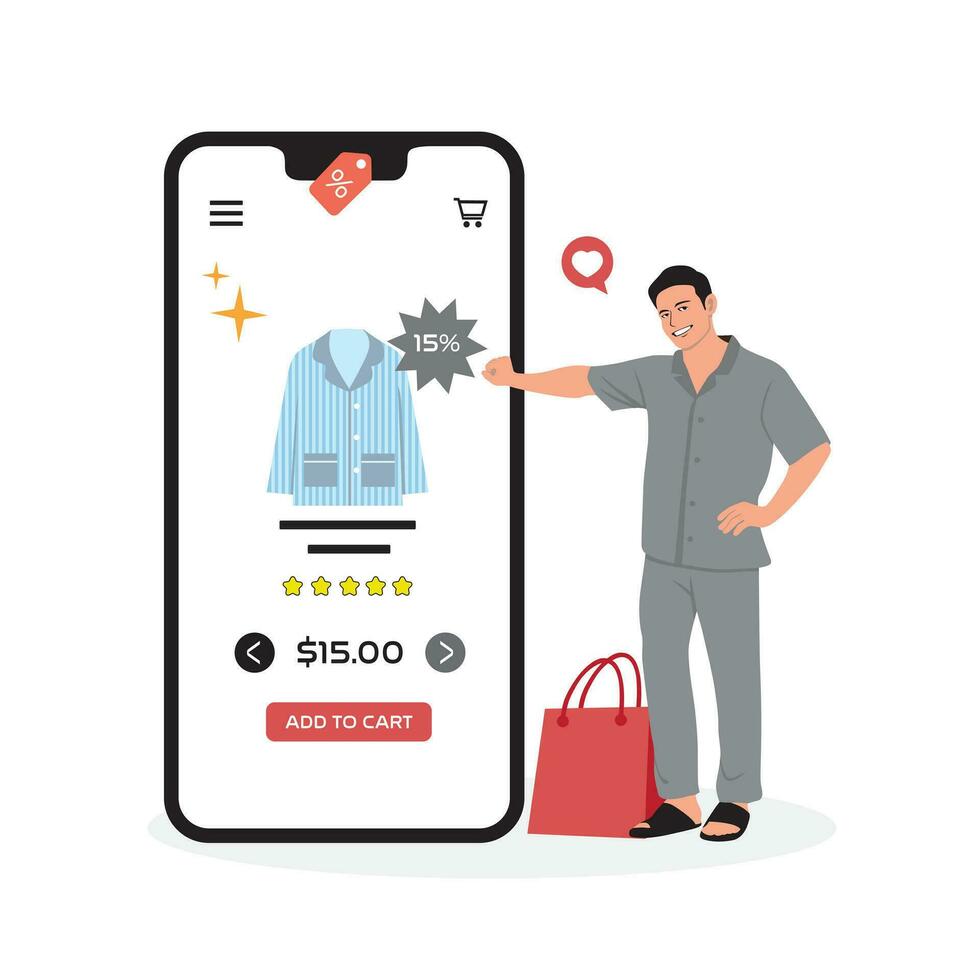 online Einkaufen Konzept. Vektor Illustration im eben Stil. Mann Kauf Kleider auf online speichern.
