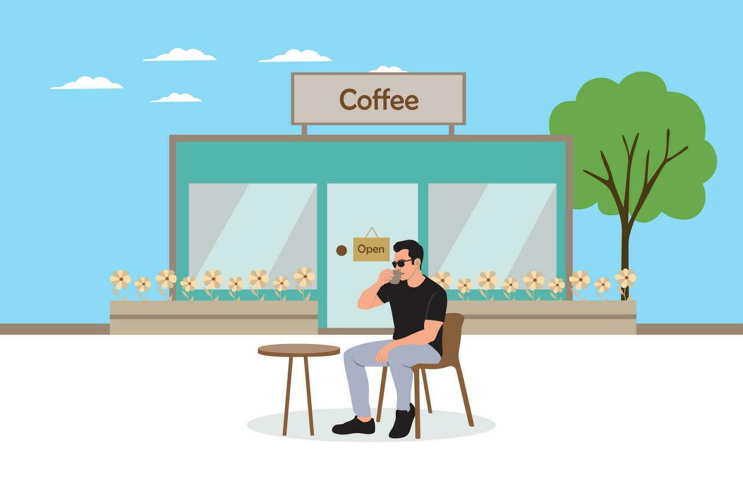 Mann Sitzung im Vorderseite von Kaffee Geschäft. Vektor Illustration im eben Stil