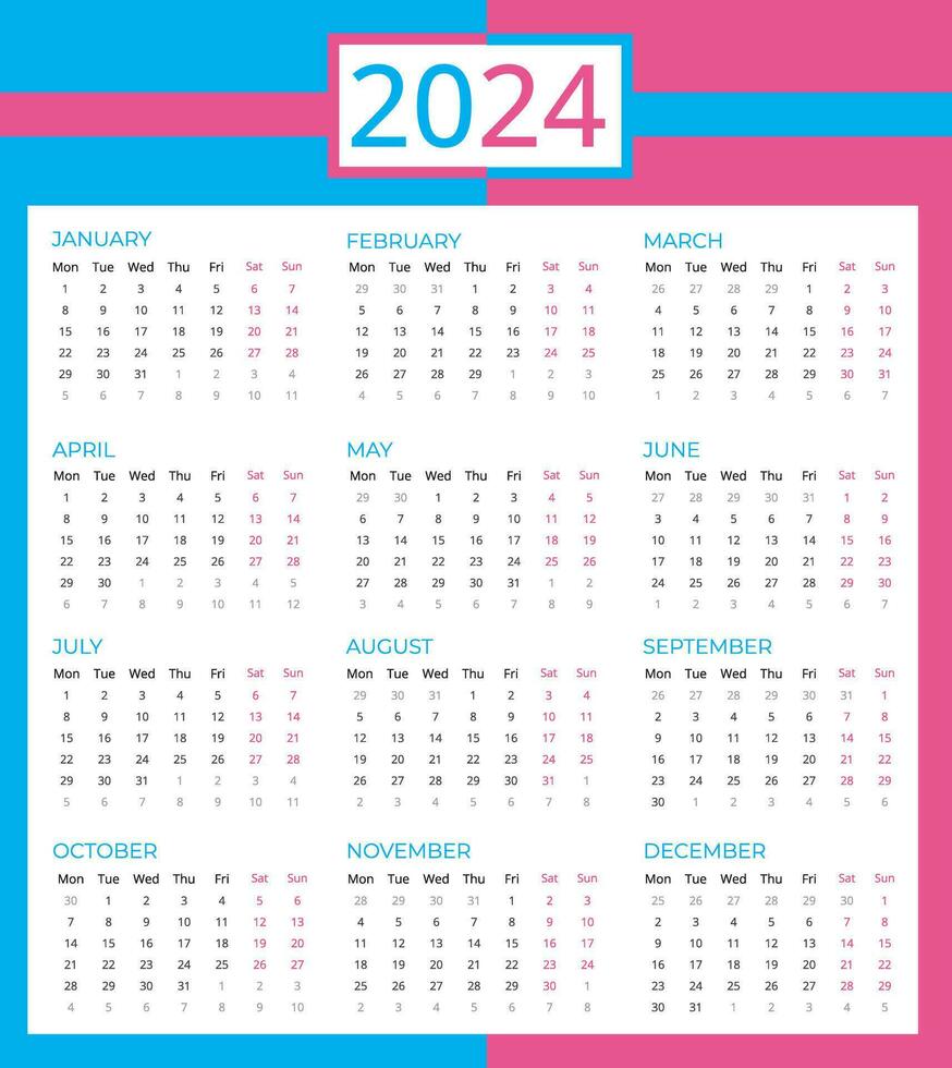 Kalender zum 2024, Rosa Blau Kalender 2024 Woche beginnend Montag, Vektor 2024 Kalender Vorlage zu machen Ihre Neu Jahr Planung einfach.