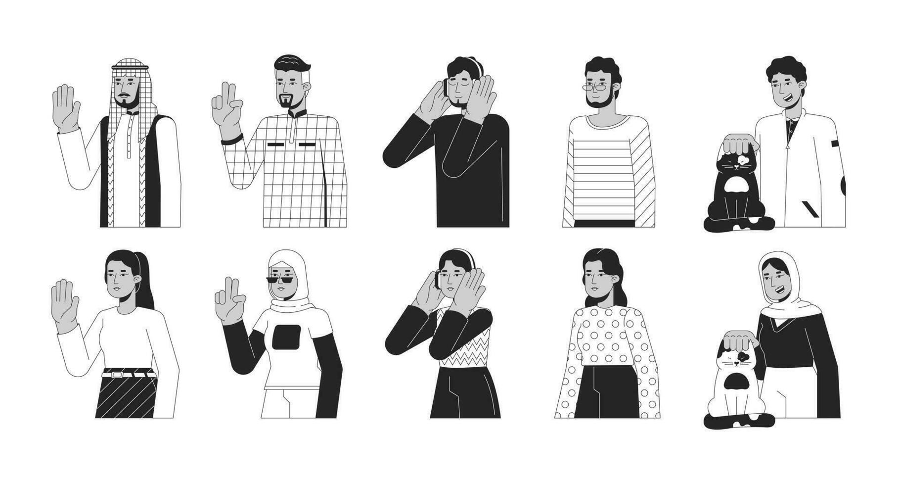 arab mitten östra svart och vit 2d linje tecknad serie tecken uppsättning. turkiska kvinna, saudi man isolerat vektor översikt människor. hijab damer. modern muslim enfärgad platt fläck illustration bunt
