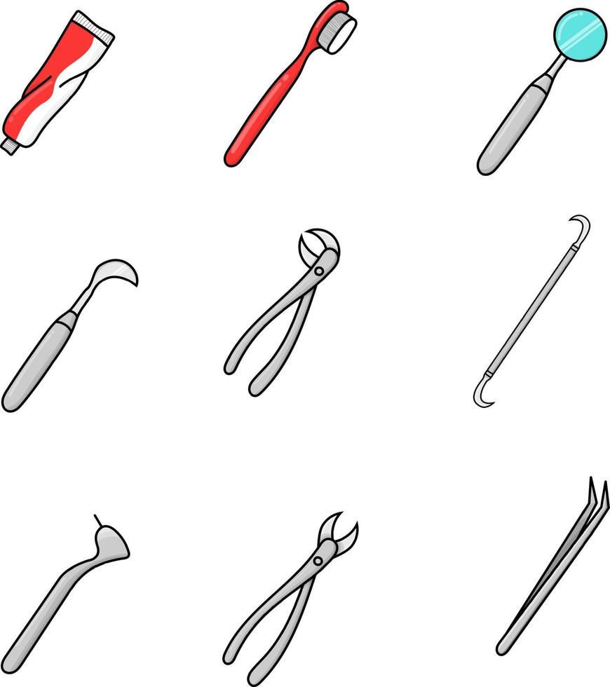 uppsättning tandutrustning verktyg isolerade vektor illustration tänder