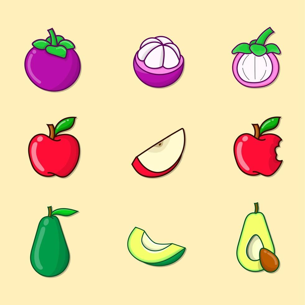 äpple, avokado och mangostan som illustration vektor isolerade frukter