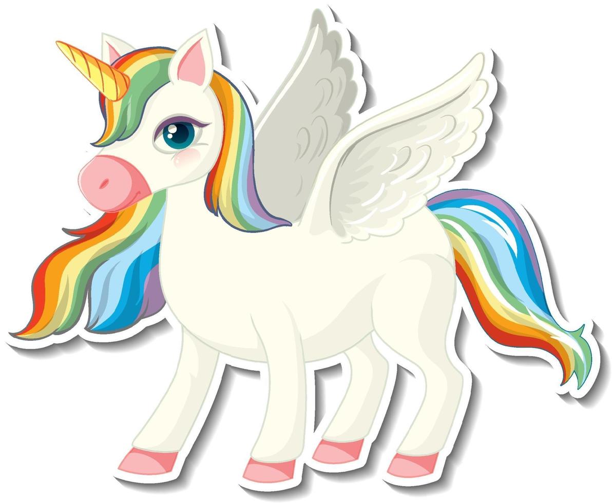 süße Einhorn-Aufkleber mit einer Regenbogen-Pegasus-Cartoon-Figur vektor