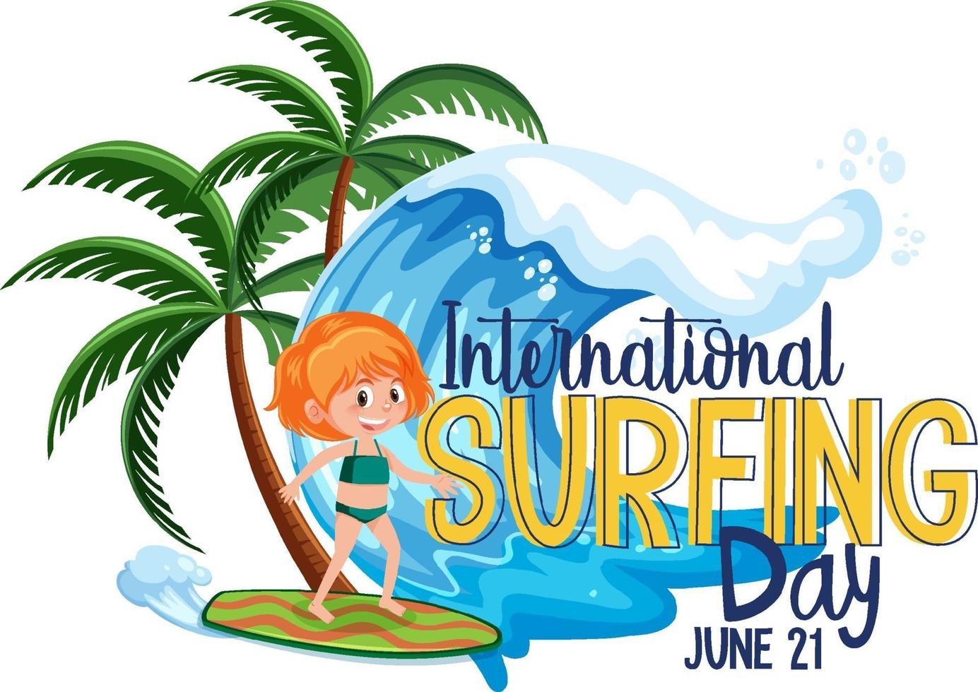 internationella surfdagens teckensnitt med en surferflicka seriefigur vektor