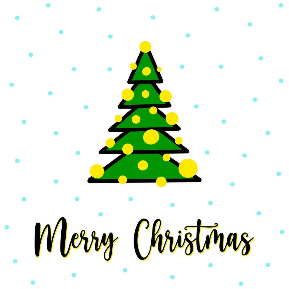 klotter xmas träd hälsning kort med glad jul text. klotter tecknad serie xmas träd med gul girlander, snöfall på bakgrund. klotter tunn linje xmas träd i minimalistisk stil. geometrisk gran vektor