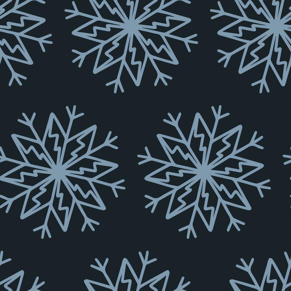 jul seamless mönster med snöflingor isolerad på mörk bakgrund. gott nytt år tapeter och omslag för säsongsdesign, textil, dekoration, gratulationskort. handritade utskrifter och doodle. vektor