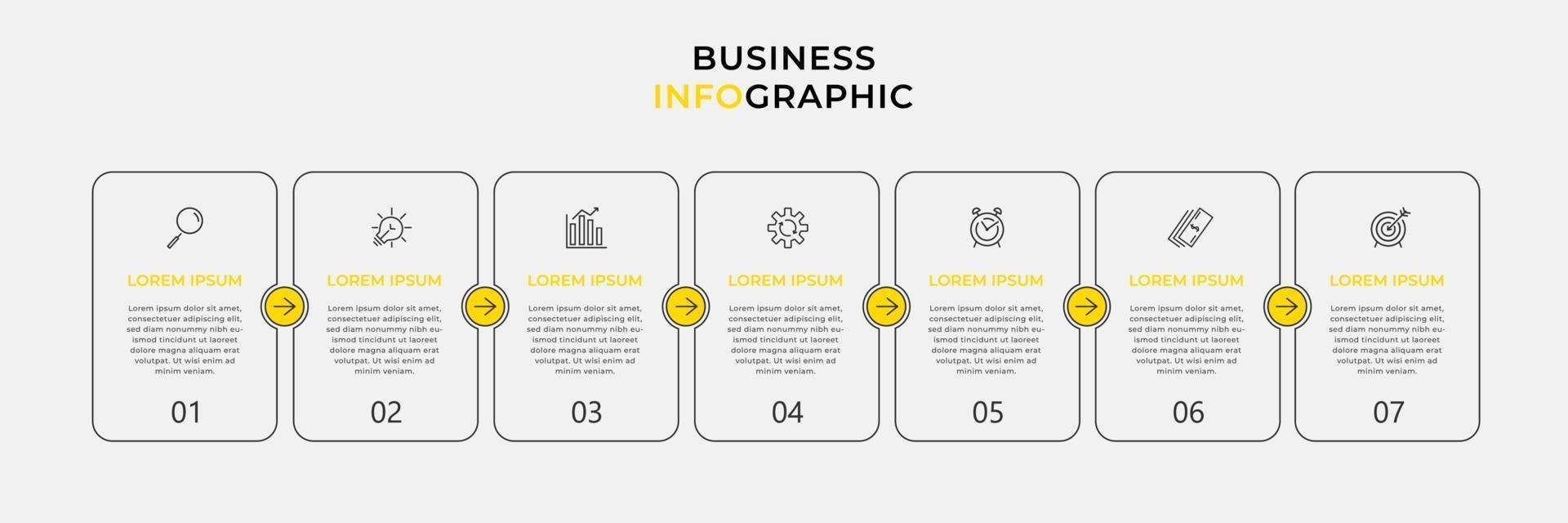 infographic design affärsmall med ikoner och 7 alternativ eller steg vektor