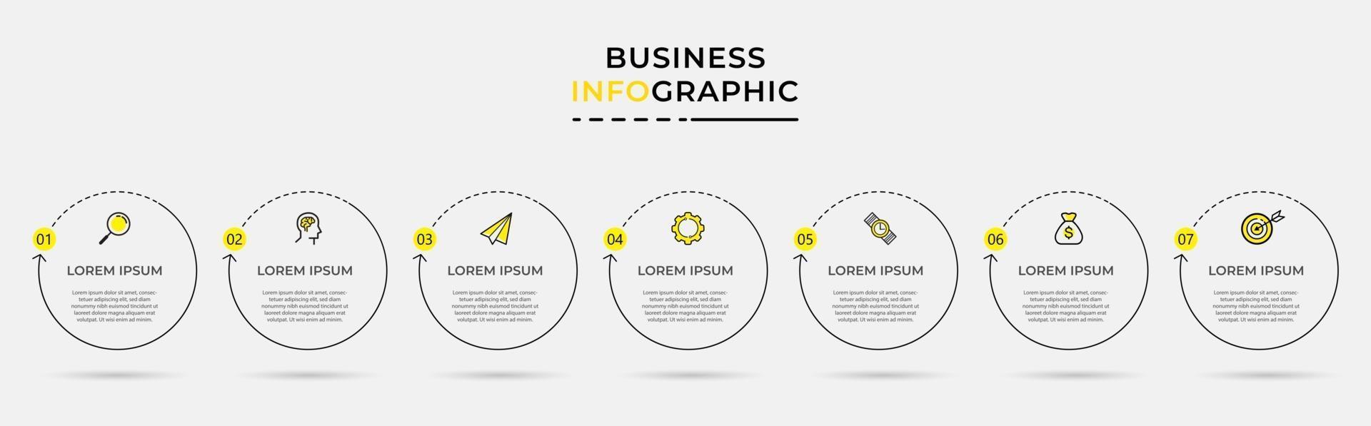 infographic design affärsmall med ikoner och 7 alternativ eller steg vektor