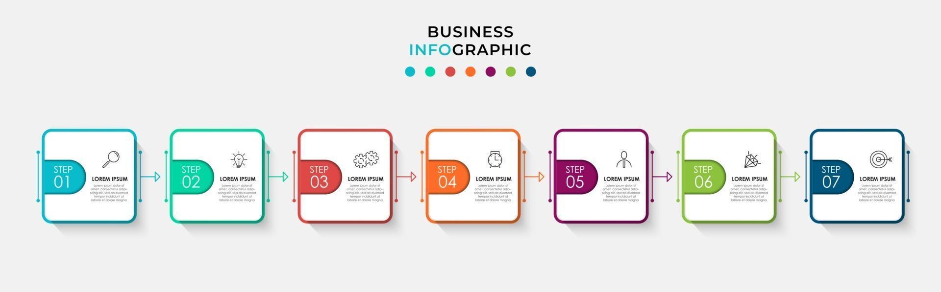 infographic design affärsmall med ikoner och 7 alternativ eller steg vektor