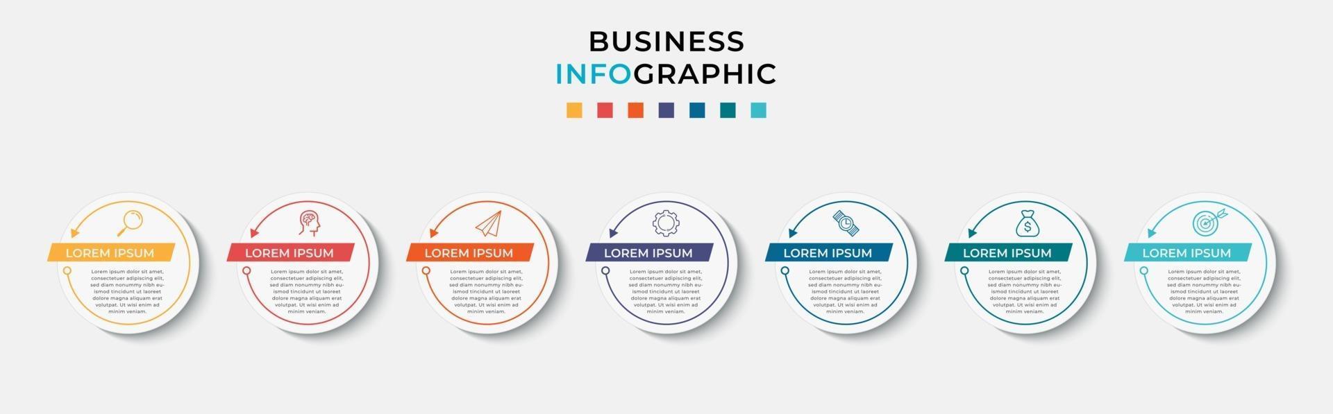 Infografik-Design-Business-Vorlage mit Symbolen und 7 Optionen oder Schritten vektor