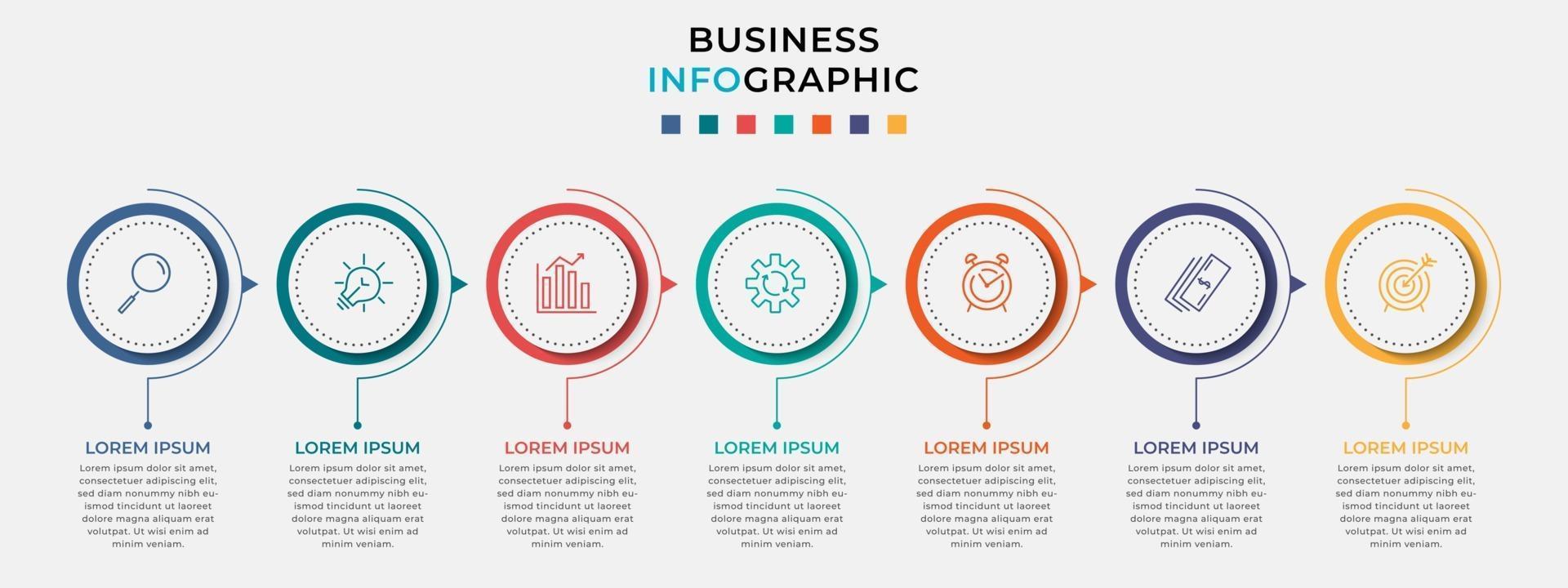 Infografik-Design-Business-Vorlage mit Symbolen und 7 Optionen oder Schritten vektor