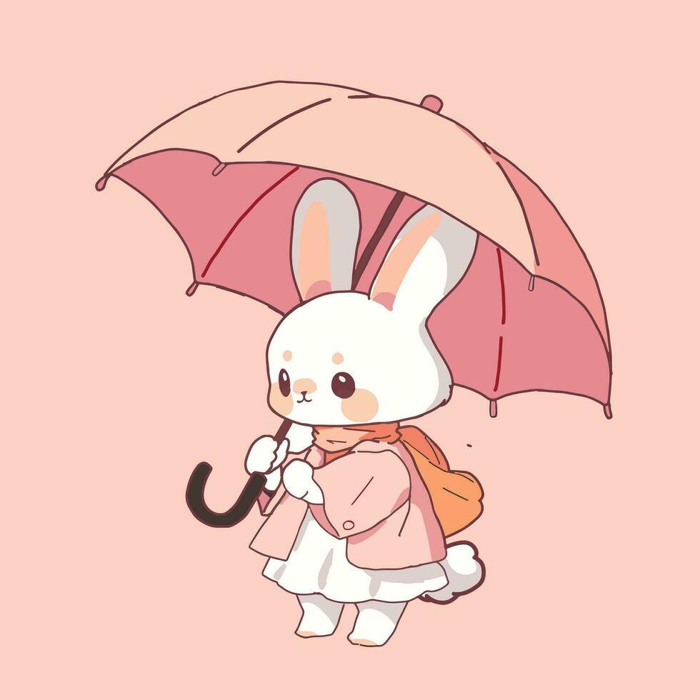 tecknad serie stil kanin innehav ett paraply. hand dragen vektor illustration.