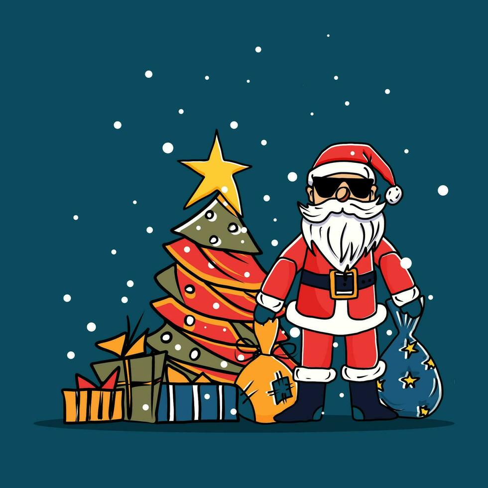 Weihnachten Szene, Santa in der Nähe von Weihnachten Baum und Geschenke. Vektor Gekritzel Illustration.