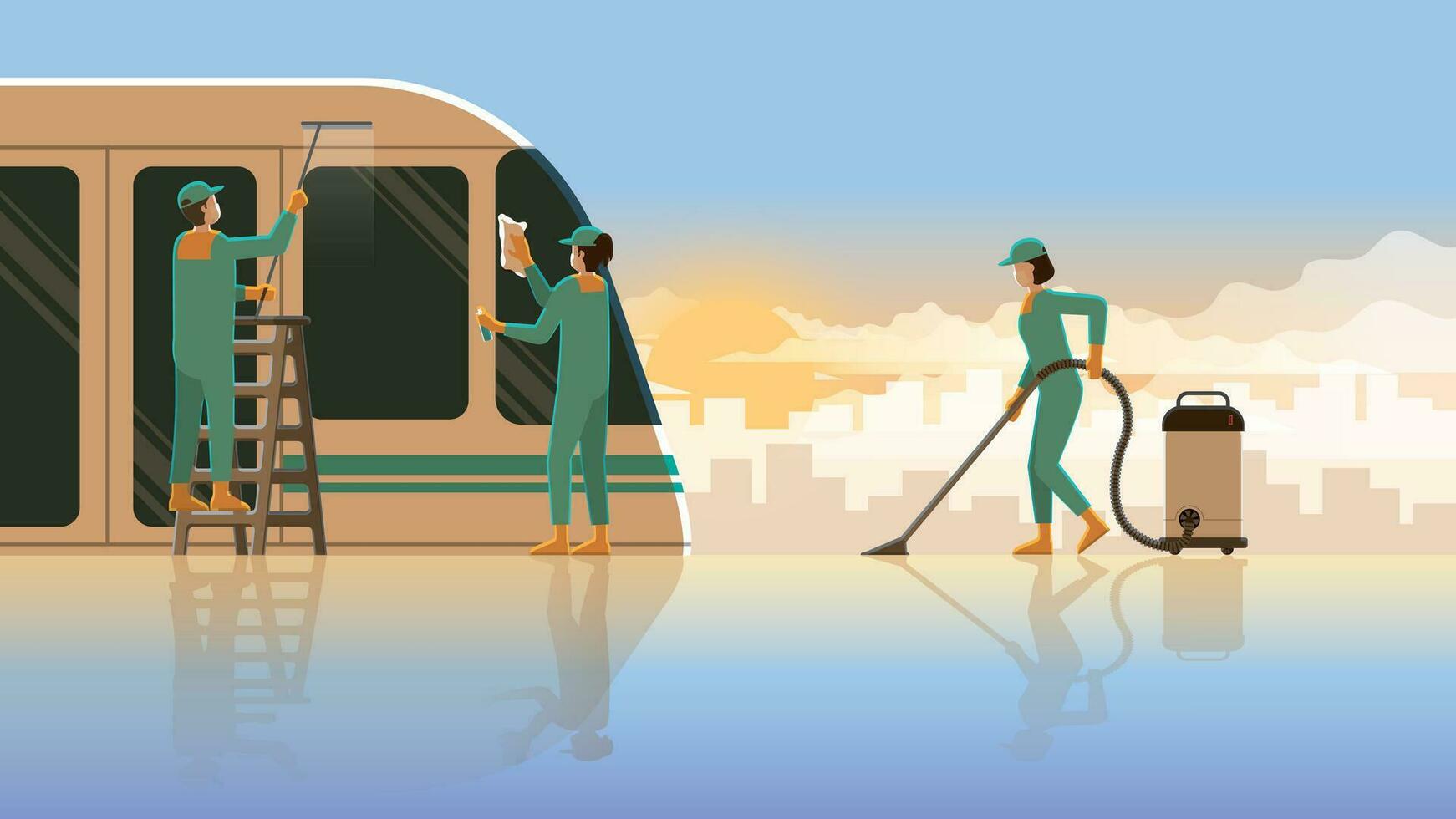 rengöring service team arbetssätt på offentlig transport tåg drift underhåll Centrum vektor