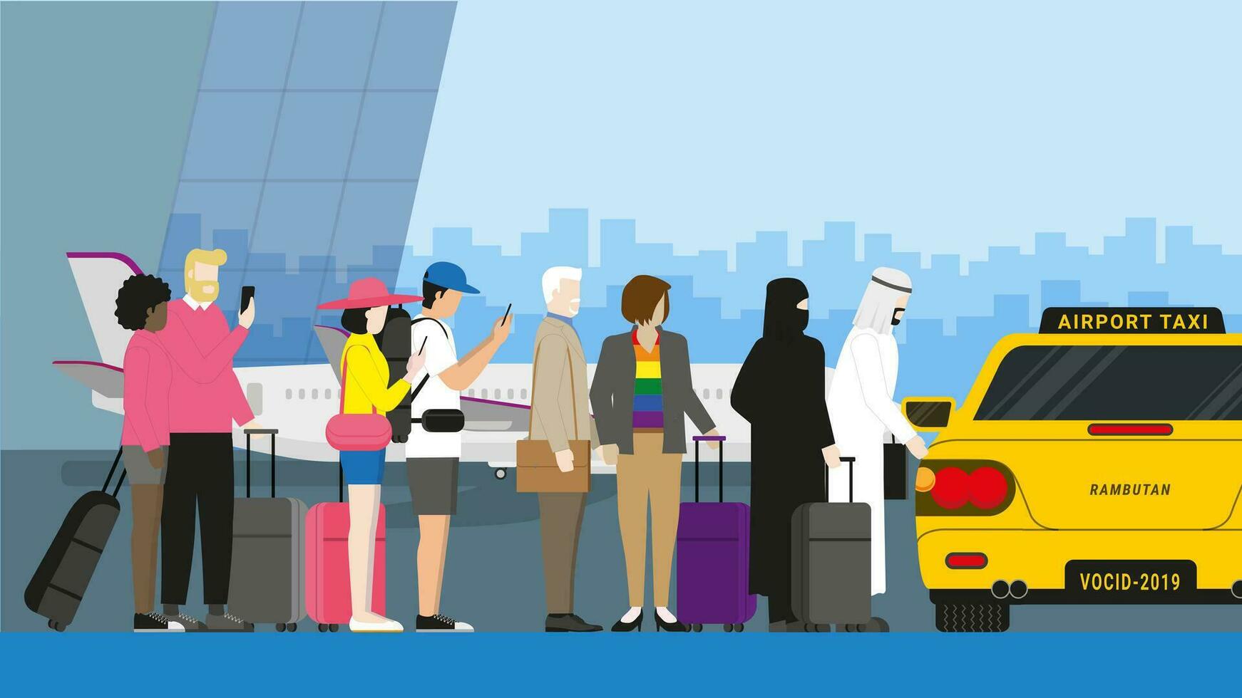 Reise Konzept von Vielfalt Menschen Stehen beim Taxi warten Warteschlange Linie vektor