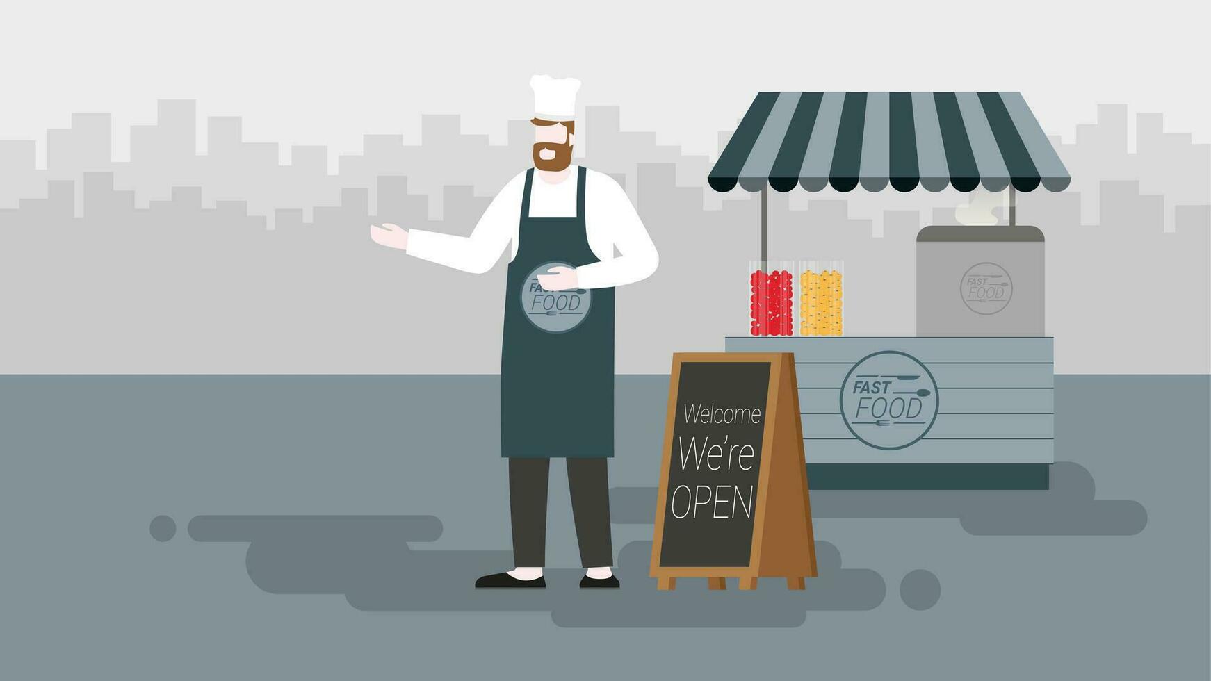 Essen Kiosk. klein Geschäft Eigentümer. Bart Mann tragen Schürze Stehen im Vorderseite von Geschäft vektor