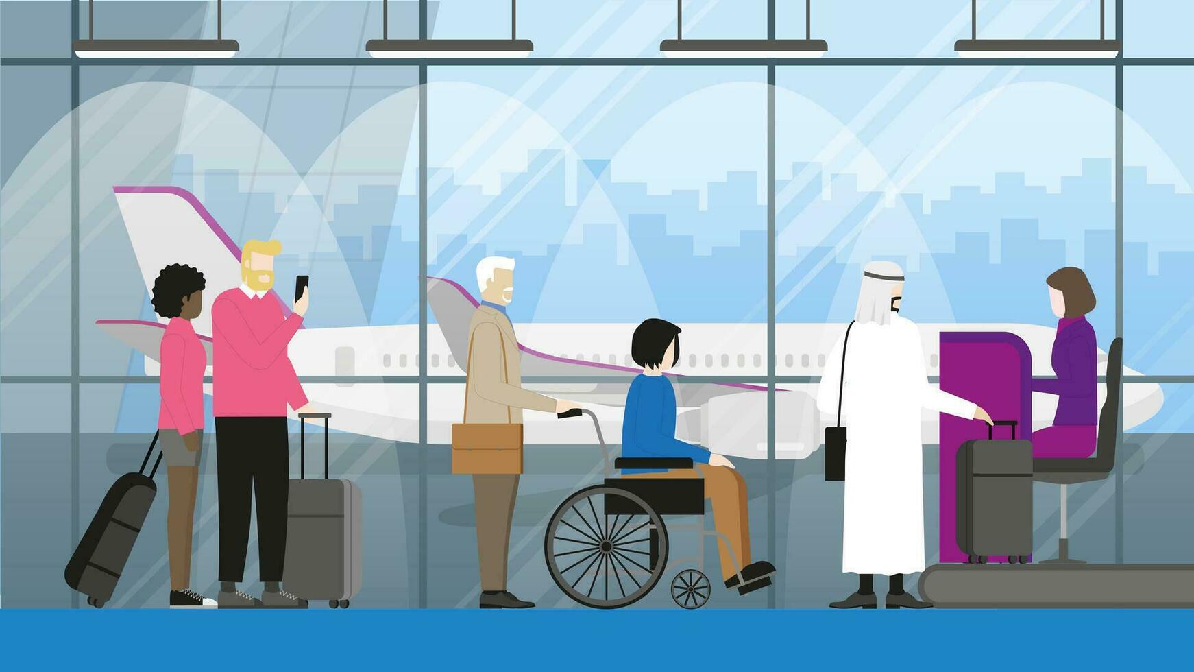 resa begrepp av mångfald människor på internationell flygplats stående vektor