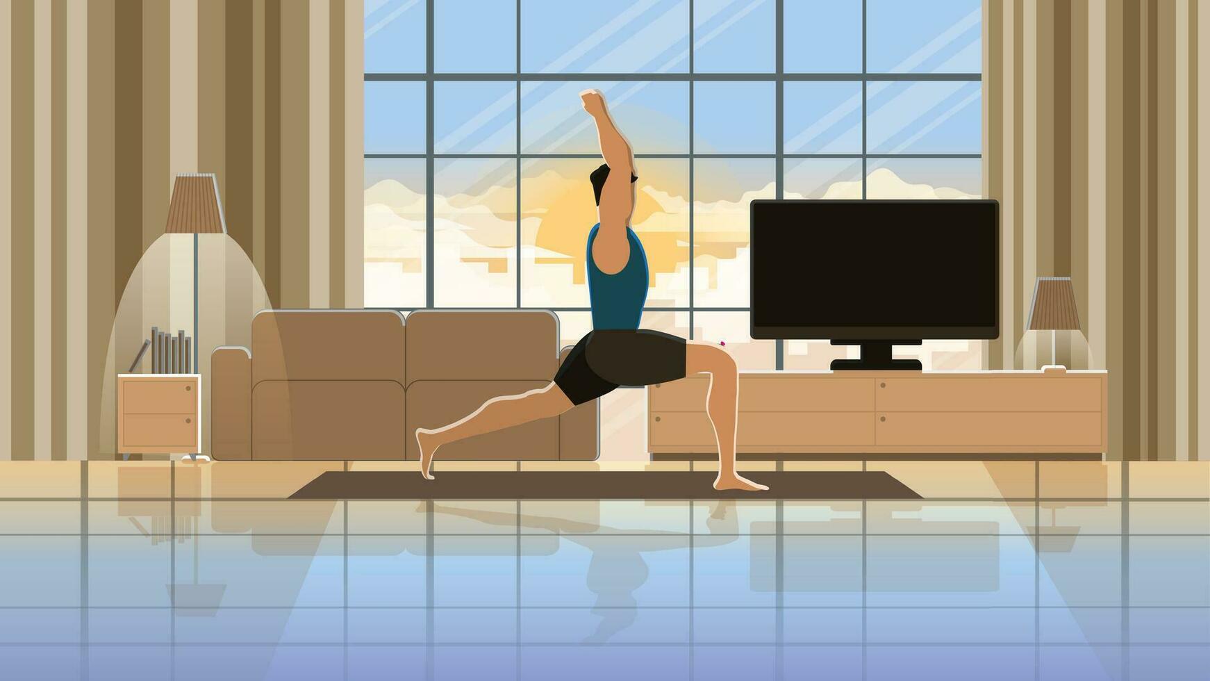 yoga hållning och meditation av man praktiserande övningar i balans utgör och kropp stretching. vektor
