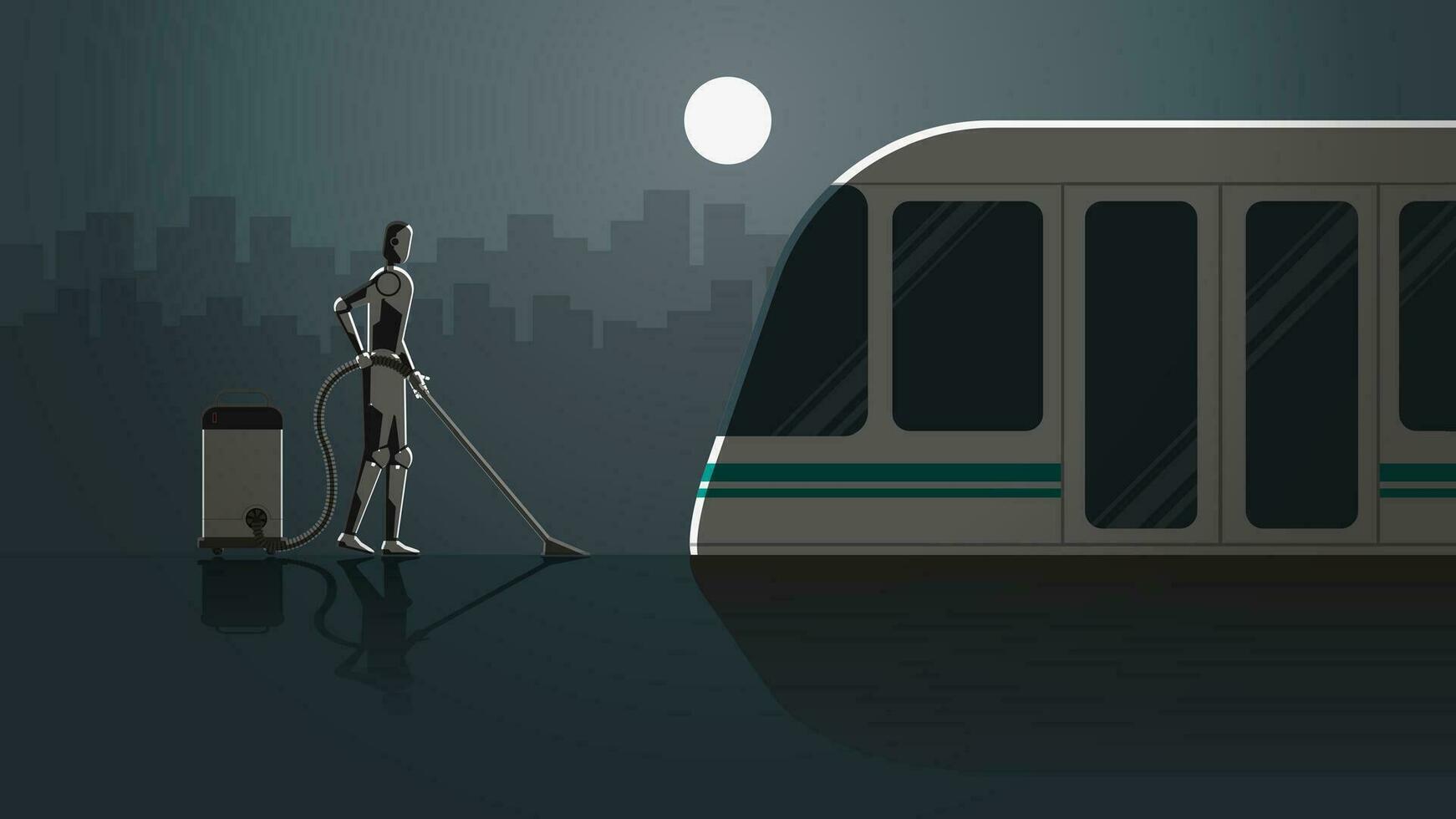 robot arbete i tåg station plattform för 24 timmar i de mörk och full månsken utan människor. vektor
