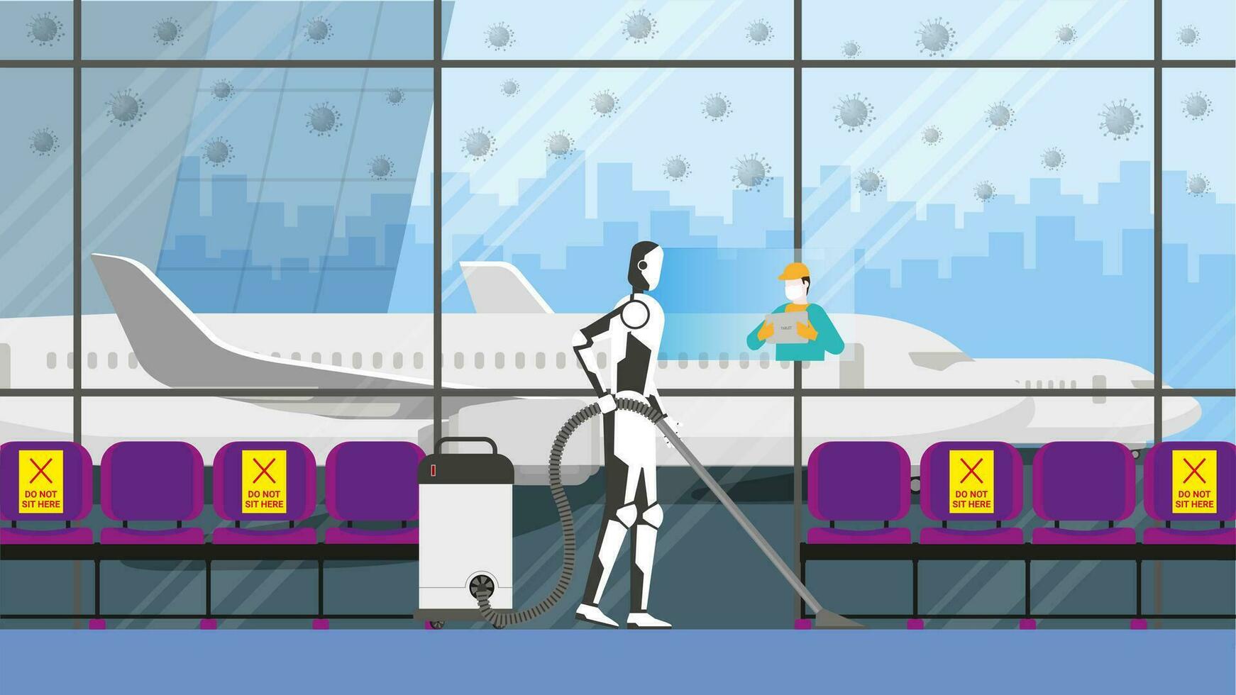 Reinigung Roboter Steuerung durch Mensch Fernbedienung im Risiko Bereich. Flughafen Terminal. vektor