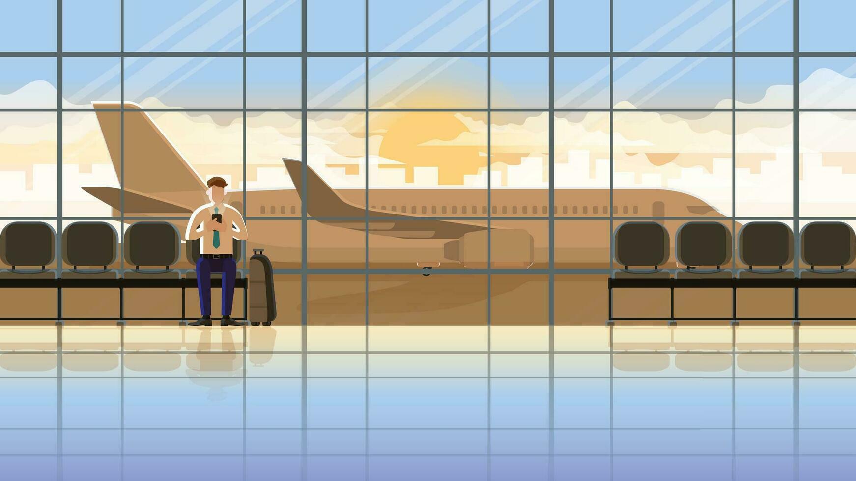 Mitarbeiter Gehalt Mann mit Clever Telefon warten beim Terminal Einsteigen Tor zum Flugzeug Flug Geschäft Ausflug vektor