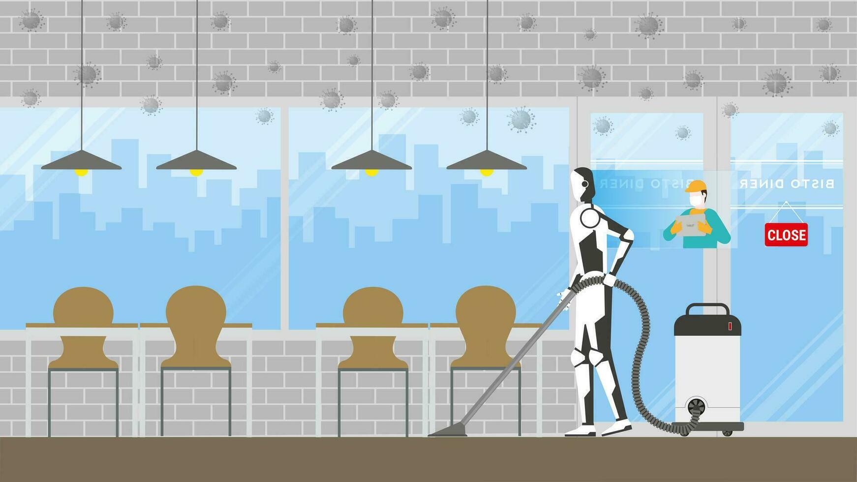 künstlich Intelligenz Mechanismus Verwendet automatisch Vakuum Reiniger im Cafe Bistro Innere vektor