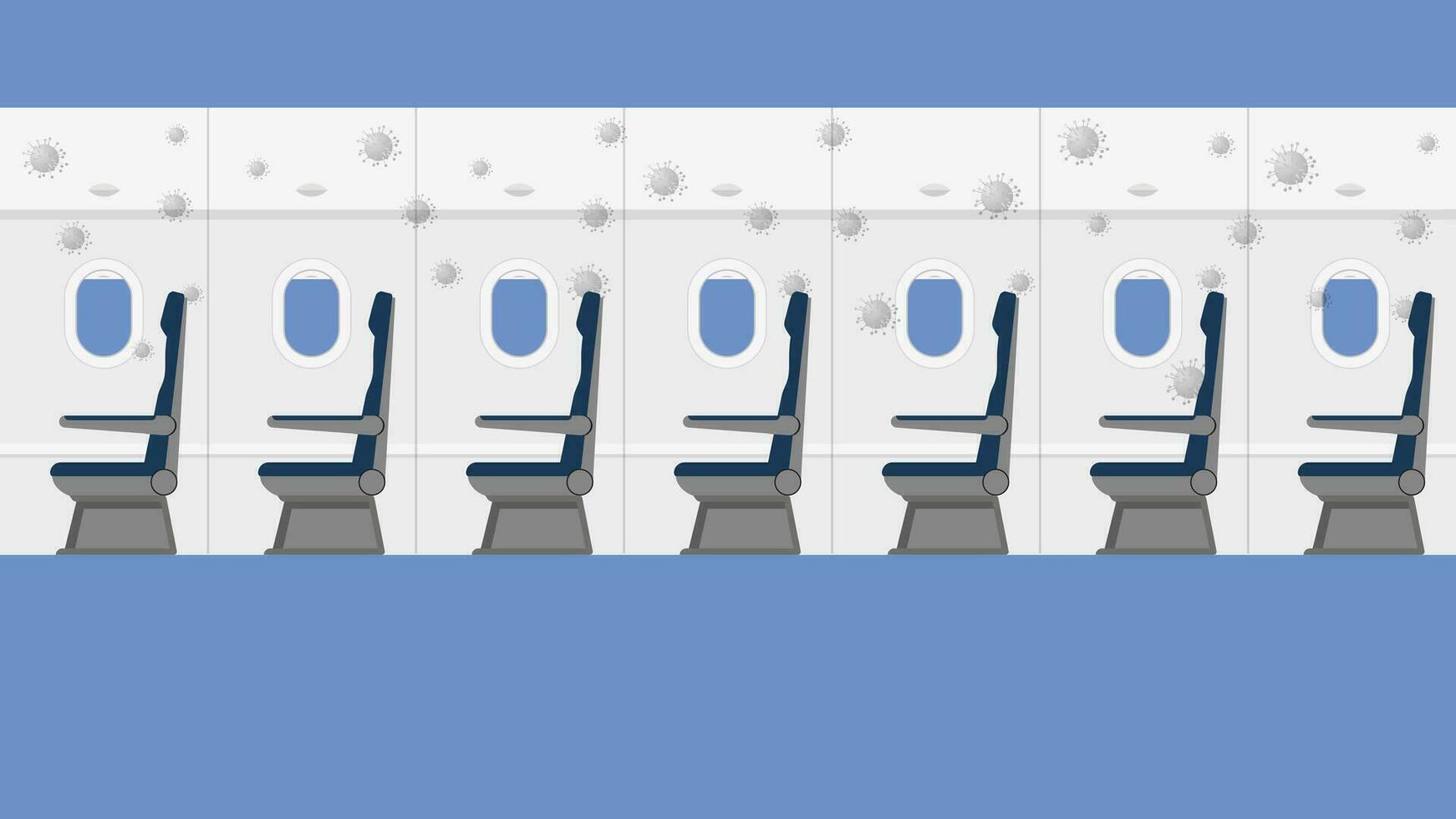 Vektor Illustration von Virus im leeren Flugzeug Innere mit Sieben Fenster und Passagier Sitze.