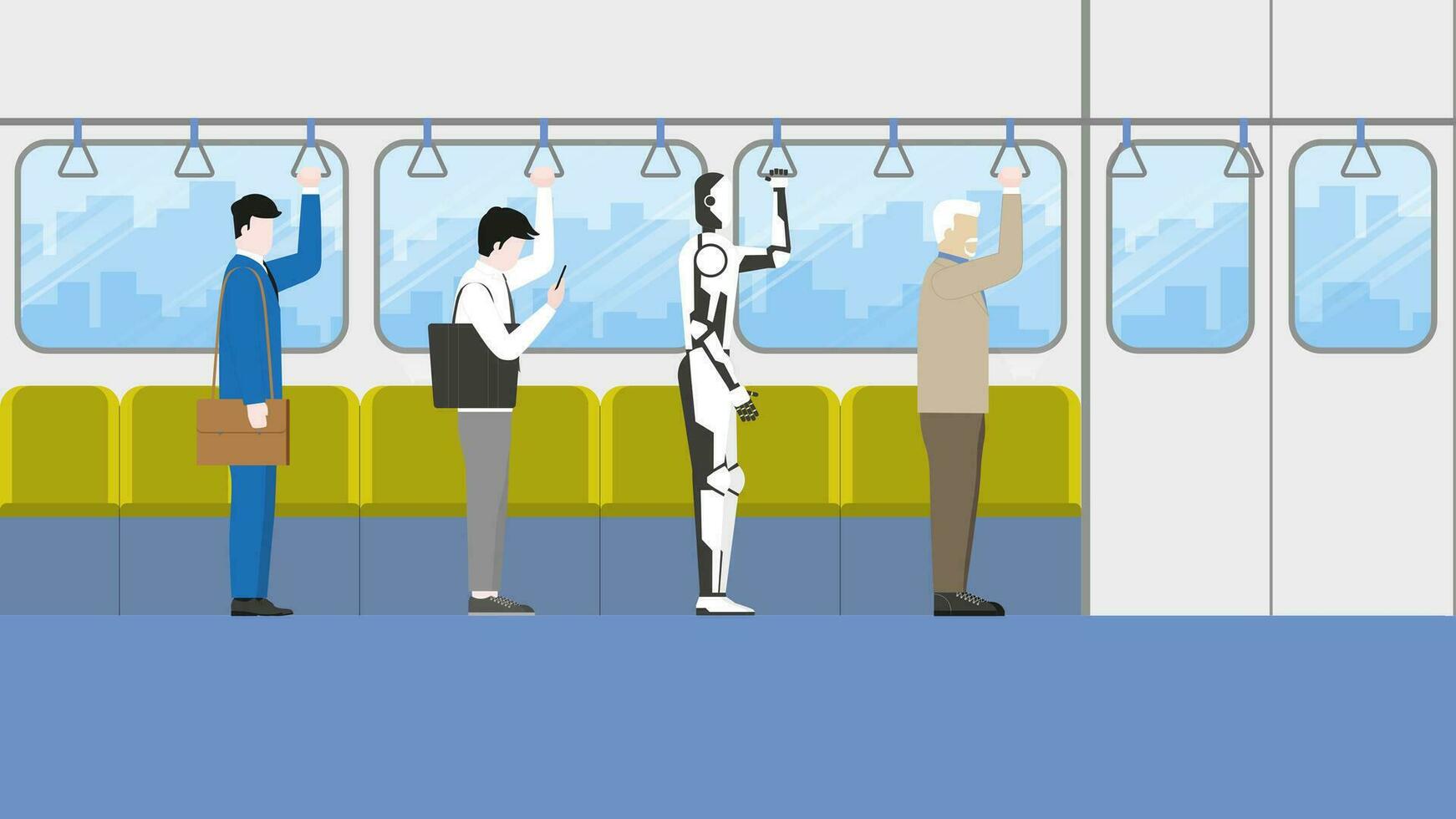 Büro Arbeiter und Geschäftsmann Stehen mit ein Roboter Innerhalb Stadt Zug Kabine vektor