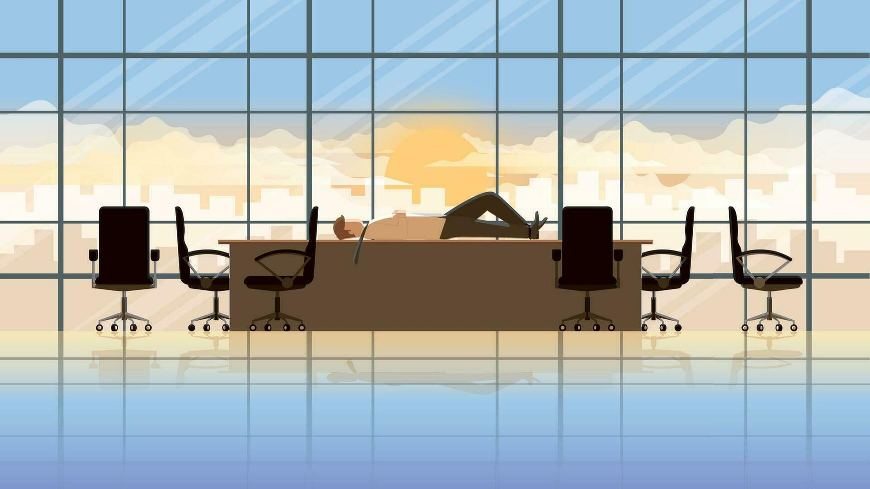 överansträngning trött kontor man lägga ner sömn på de sittplats i konferens rum med rörig stol vektor