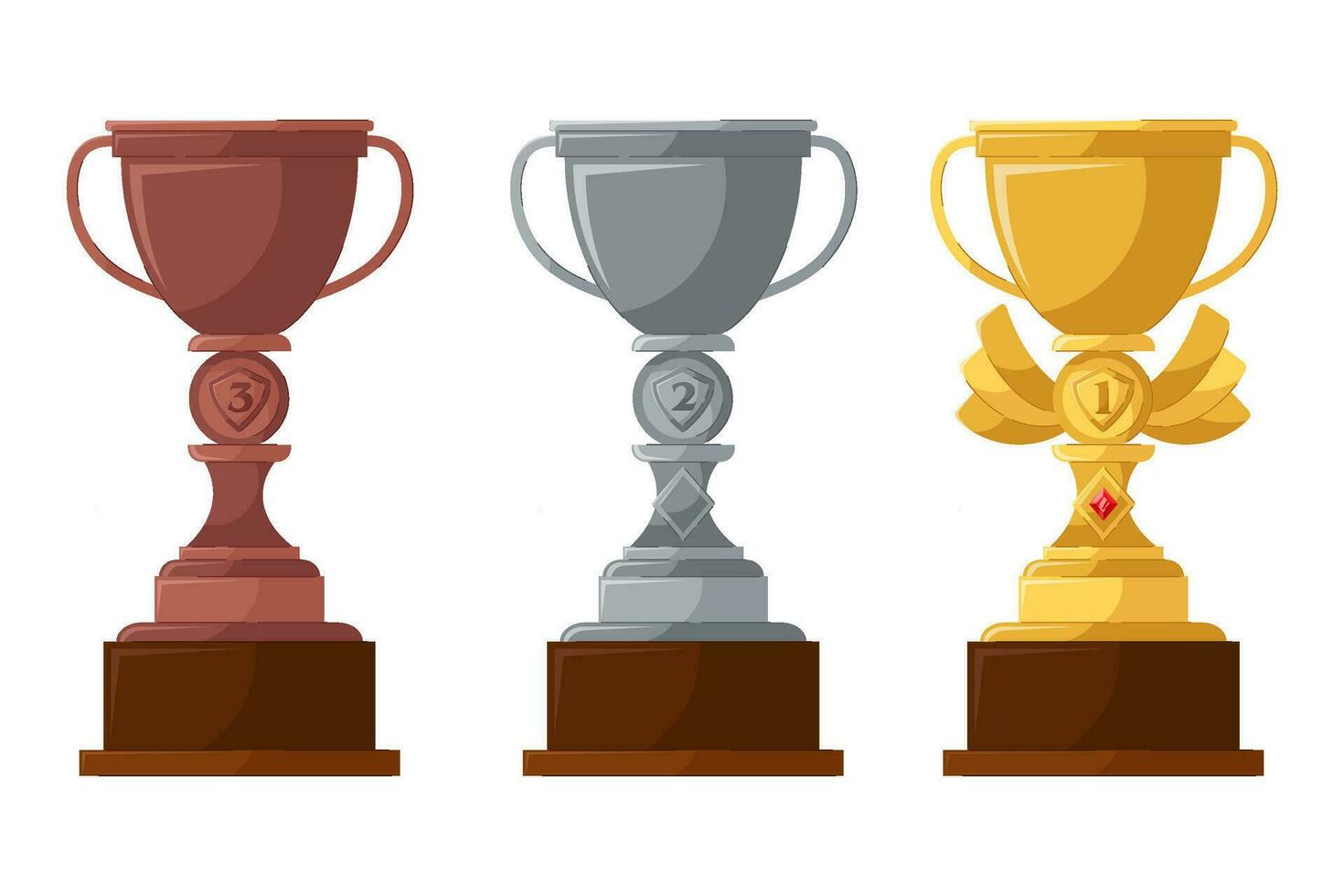 Becher, Trophäe. Preis- zum das Gewinner von ein Wettbewerb oder Wettbewerb. glänzend Becher Symbole. Gold, Silber und Bronze- Trophäe Tasse. vektor