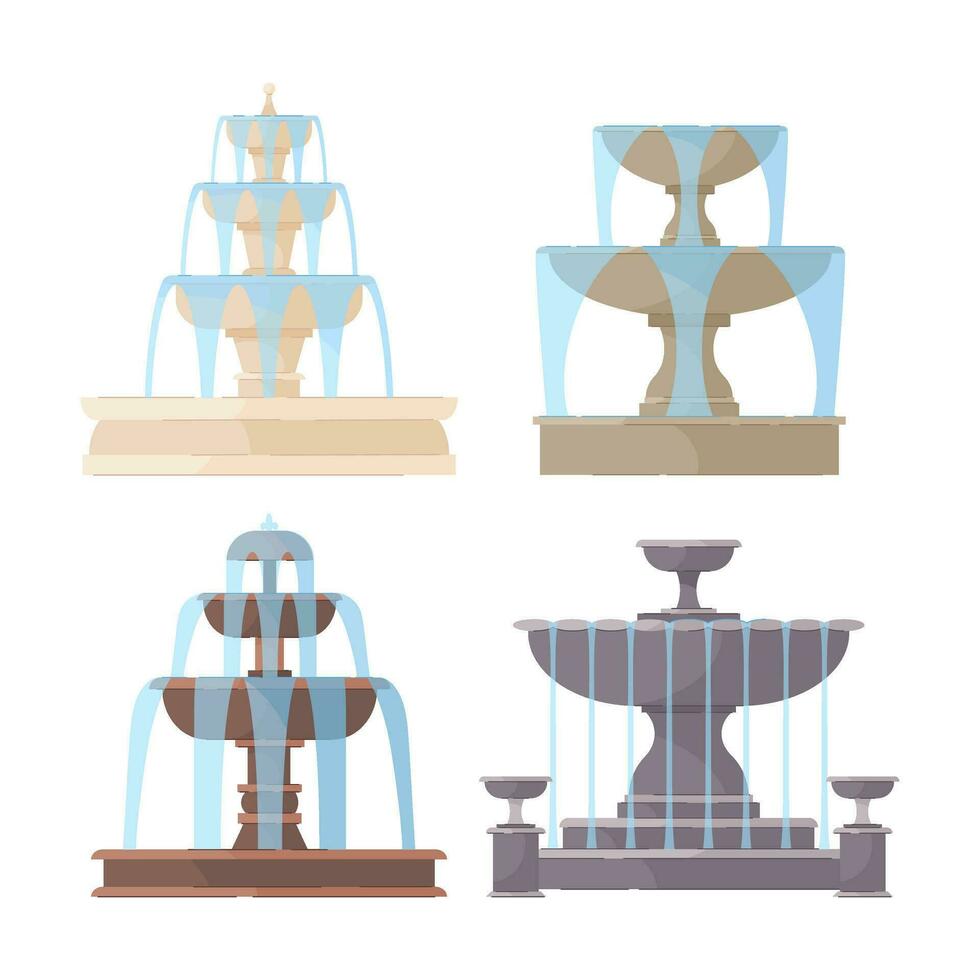 fontäner. en uppsättning av illustrationer av fontäner med vatten jets i annorlunda stilar. vektor