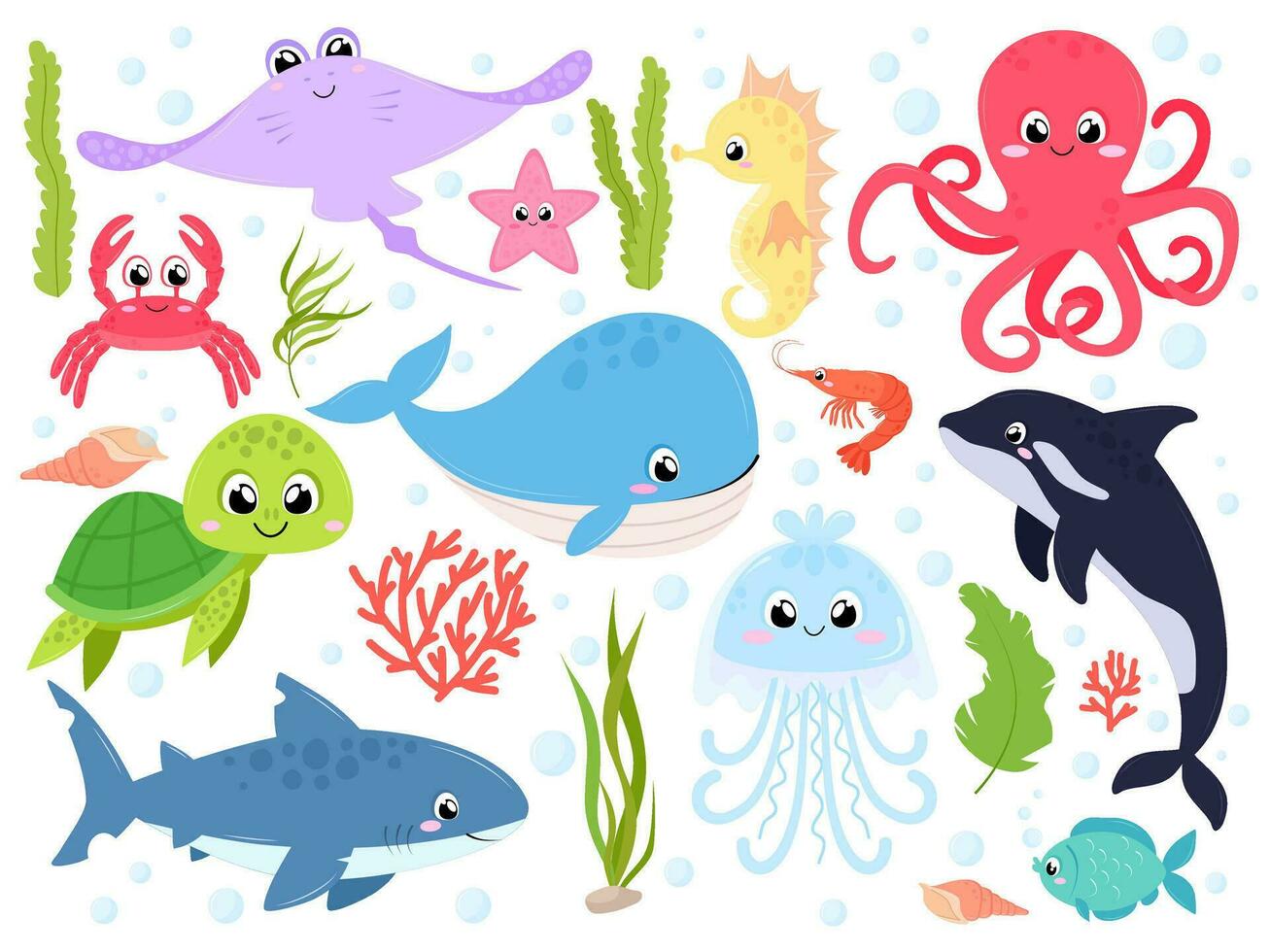 Meer Tiere Vektor Illustration Satz. Marine Tiere mit Elemente von unter Wasser Leben. süß Meer Bewohner auf ein Weiß Hintergrund.