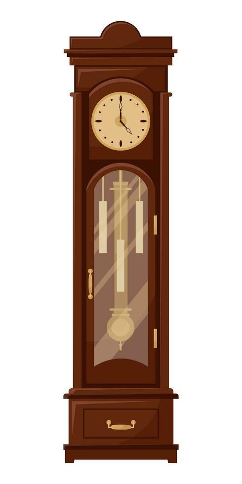 Vektor Illustration von ein alt Uhr mit ein Pendel auf ein Weiß Hintergrund. Antiquität Uhr isoliert Karikatur Symbol.