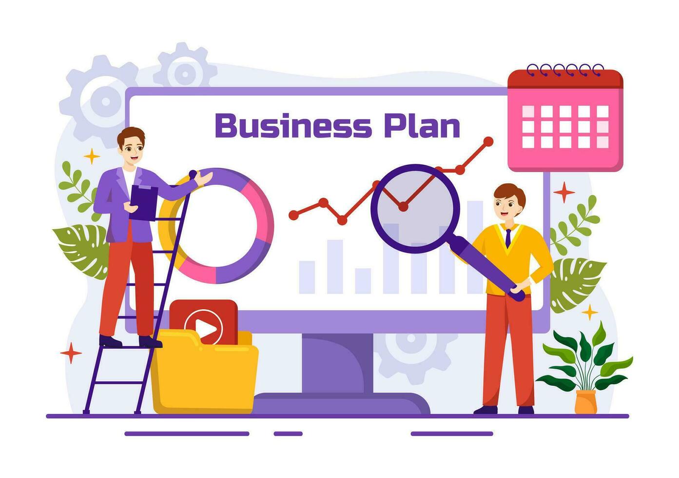 Geschäft planen Vektor Illustration mit Ziel, Planung, Arbeitsablauf, Zeit Management, statistisch und Daten Analyse im eben Karikatur Hintergrund