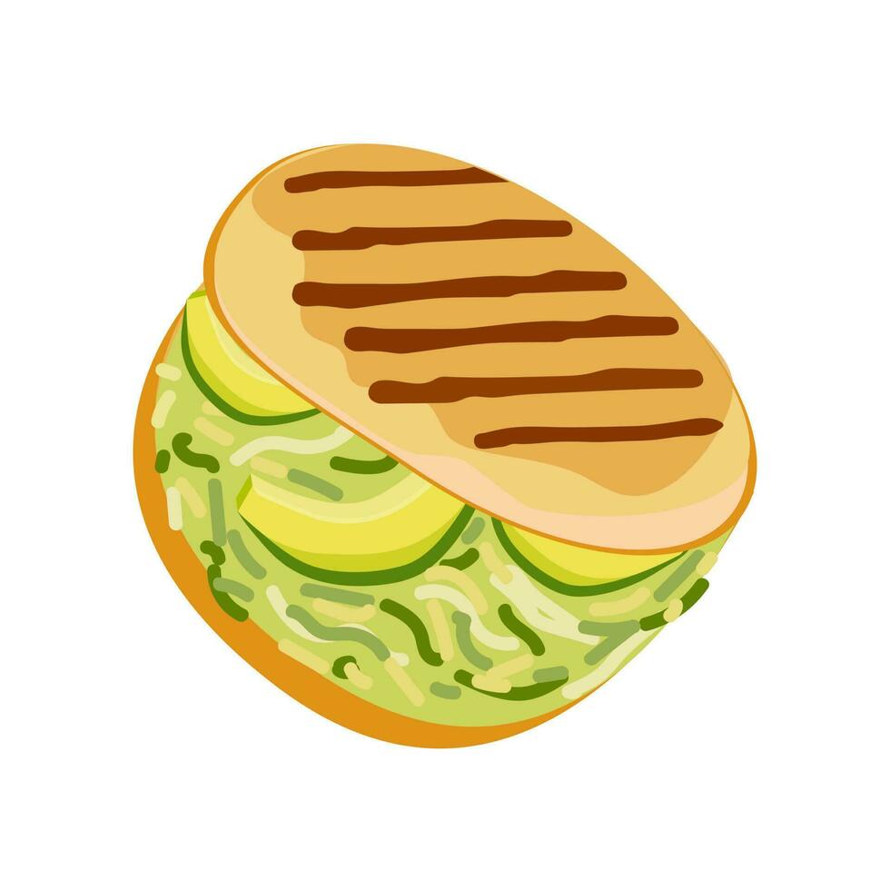 Arepas reina pepiada. ein traditionell kolumbianisch Gericht. Arepa, ein Tortilla mit Avocado. venezolanisch schnell Essen Arepa. Vektor Illustration von Lebensmittel. Weiß isoliert Hintergrund.