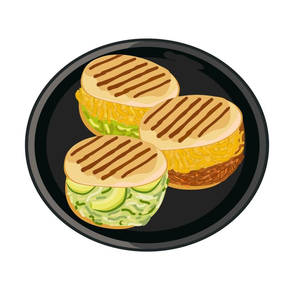 einstellen von Vektor Arepas. traditionell Gericht von kolumbianisch Küche. Arepas mit Käse, Avocado, Fleisch. Vektor Illustration von Lebensmittel. Latein amerikanisch Essen auf ein schwarz Platte. Weiß isoliert Hintergrund.