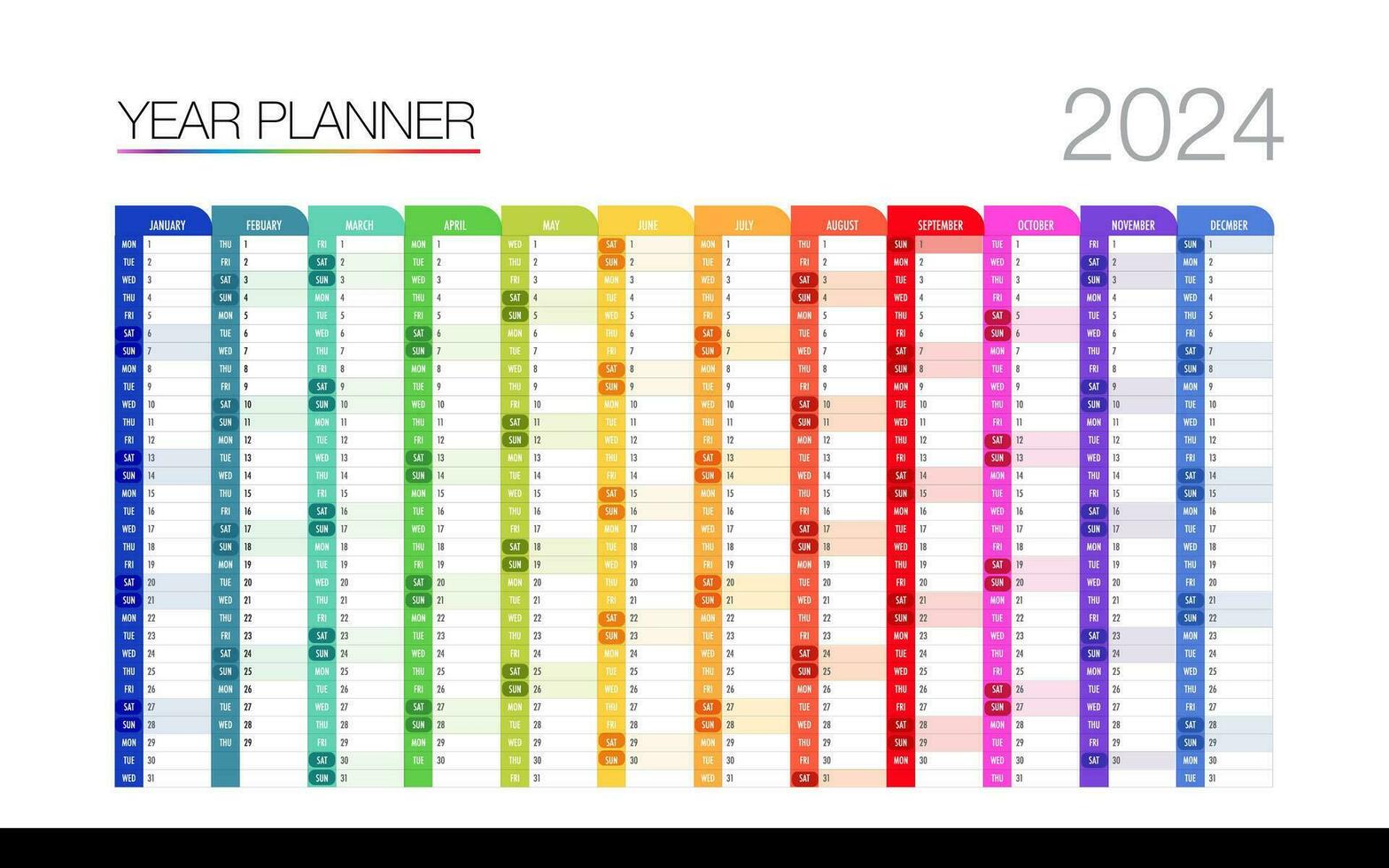 12 månad år planen vecka och dag Färg kalender mall design för företag vektor
