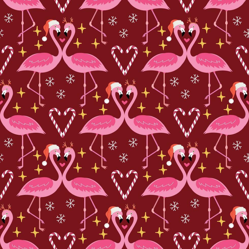 Weihnachten nahtlos Muster mit Flamingos auf rot Hintergrund vektor