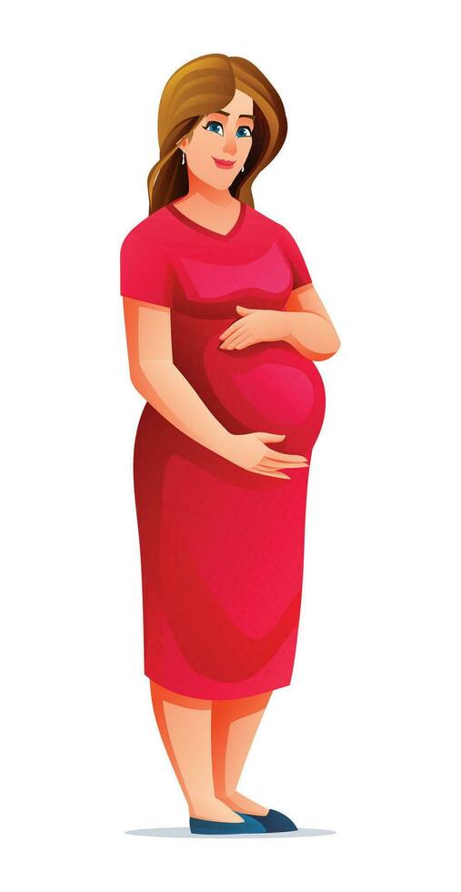 schwanger Frau umarmen ihr Bauch. Vektor Karikatur Illustration