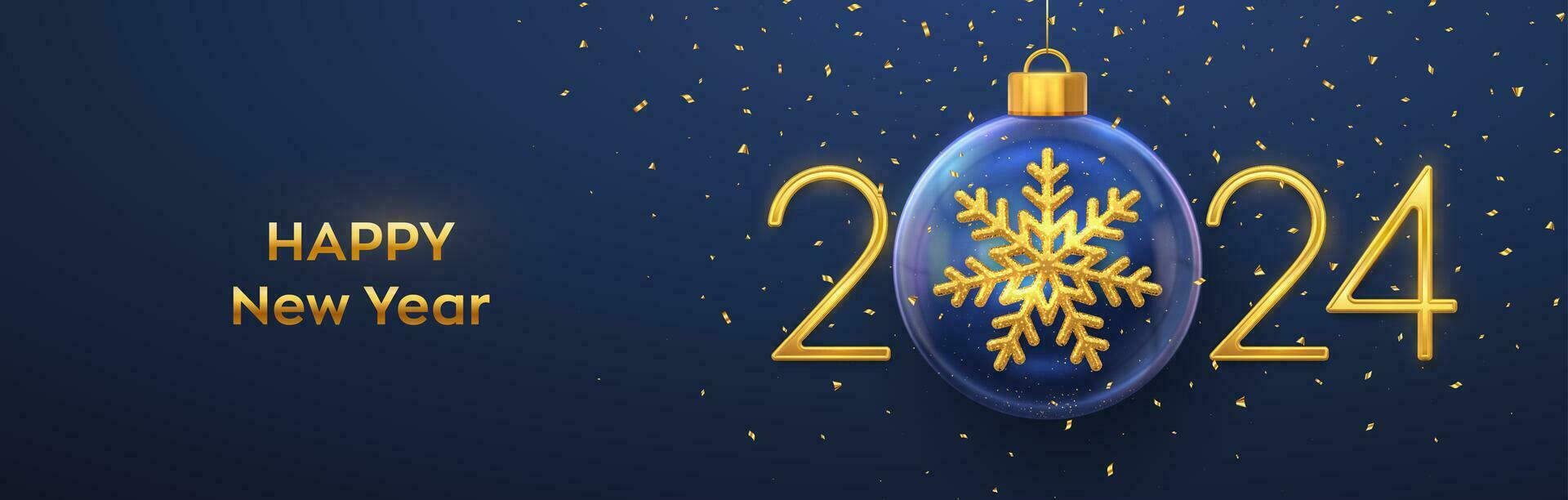 Lycklig ny år 2024. gyllene metall 3d tal 2024 med guld lysande 3d snöflinga i en jul glas struntsak. hälsning kort. Semester xmas och ny år affisch, baner, flygblad. vektor illustration.